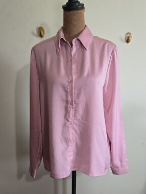 T35 Color Block Button Down Satiny Blouse Long Sleeve Pointed Collar Relaxed